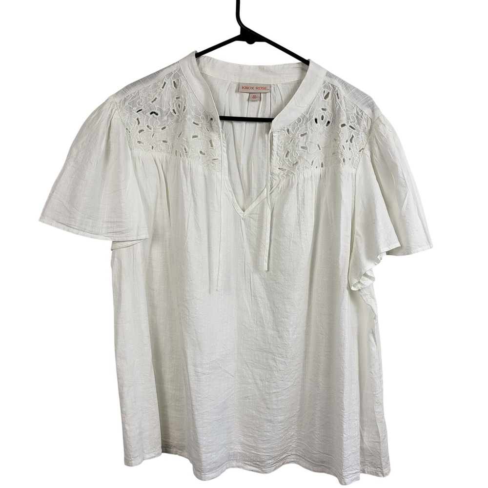 Knox Rose XXL White Boho Peasant Top Lace Crochet Gauze Short Sleeve Blouse